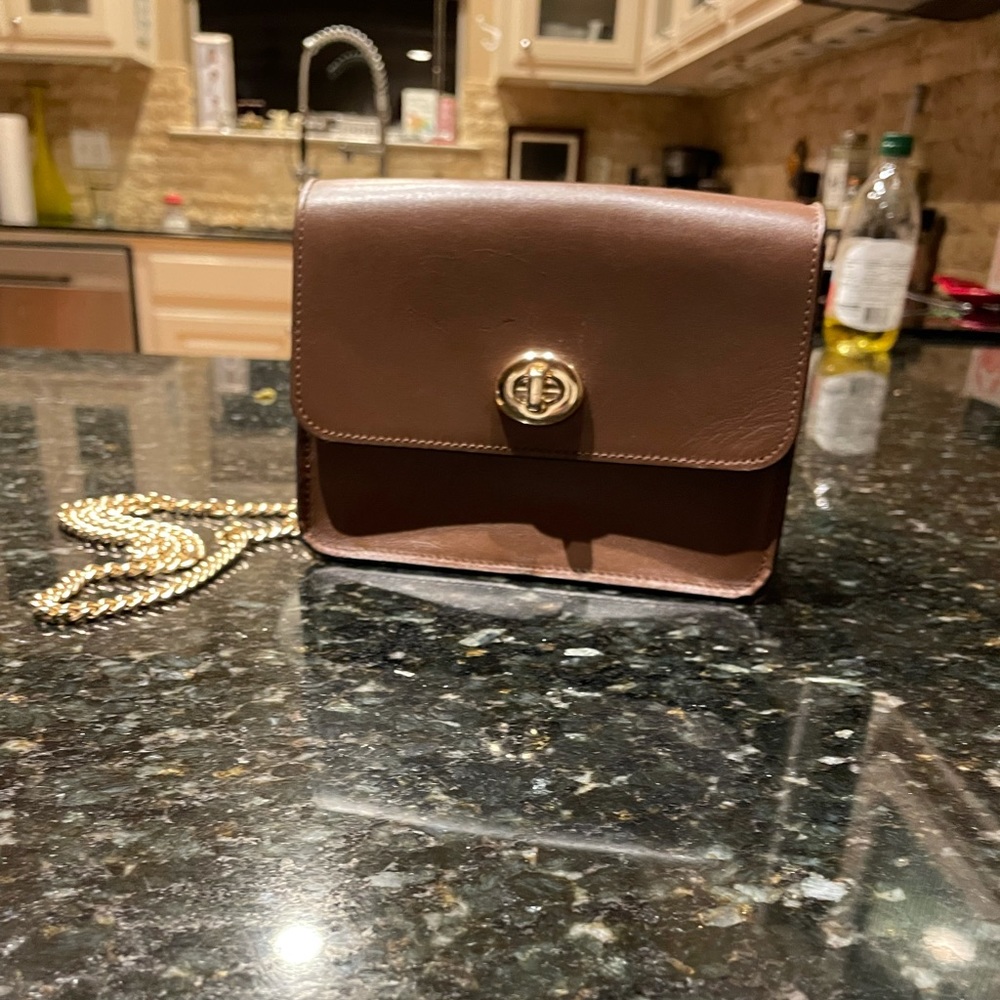 Coach gold chain brown leather bag